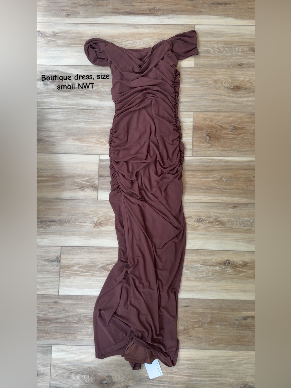 Boutique Off-Shoulder Ruched Maxi Dress - Brown/Small